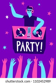 Party with DJ poster. Cartoon illustration for your design.