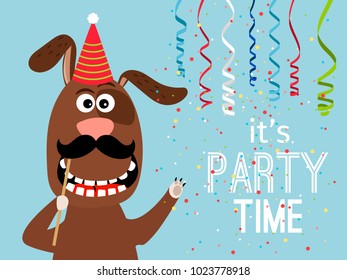Party dog card. Party time poster with funny dog with mustache and hat, with serpentine and confetti vector illustration