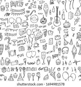 Party doodle background seamless pattern. Drawing vector illustration hand drawn