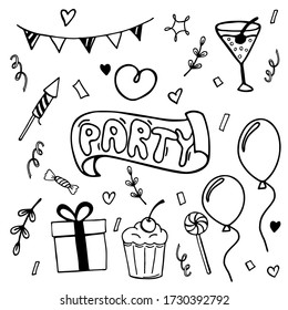 Party doodle elements set. Hand drawn vector illustration for cards, posters, stickers and professional design, web design, logo. Isolated on white background.