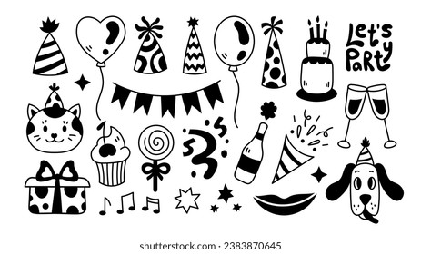 Partydoodle-Elemente gesetzt. Handgezeichnete Skizze festliche Accessoires für Einladung, Geburtstag, Veranstaltung. Funny Black Line Art Symbole. Vektorgrafik auf weißem Hintergrund.