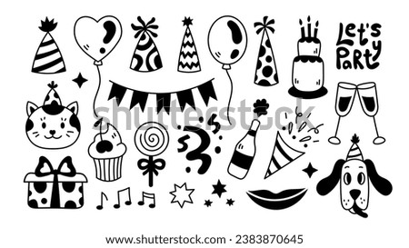 Party doodle elements set. Hand-drawn sketch festive accessories for invitation, birthday, event. Funny black line art symbols. Vector illustration on white background.