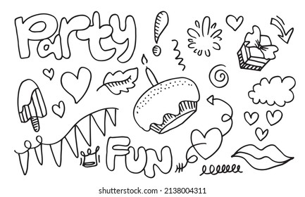 party doodle. Hand drawn cartoon illustration. Bright hand drawn lettering in circle for card, poster, banner. Vector illustration