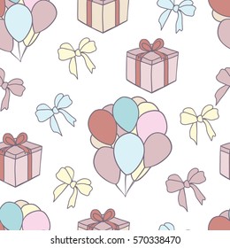 Party doodle hand drawn seamless pattern with air balloons, gifts and bows.