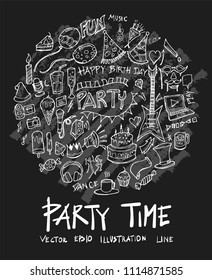 Party doodle illustration circle form wallpaper background line sketch style set on chalkboard