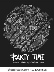 Party doodle illustration circle form wallpaper background line sketch style set on chalkboard