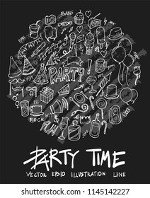 Party doodle illustration circle form wallpaper background line sketch style set on chalkboard