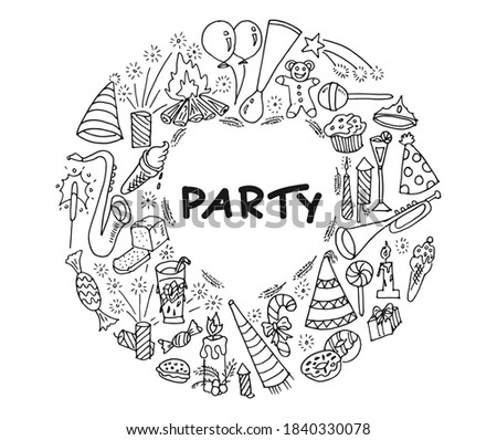 Party doodle illustrations with heart shape. Hand drawn vector cartoon collection. New year, birthday party theme.