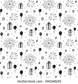 Party Doodle Seamless Pattern With Fireworks, Balloons And Gift Boxes.