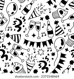 Party doodle seamless pattern. Hand drawn repeat vector illustration for holiday and celebration design. Funny birthday background.
