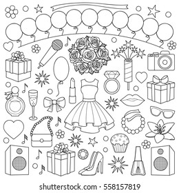 Party doodle set with girl objects and elements on white background. Coloring page.