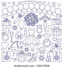 Party doodle set with girl objects and elements on squared background. Coloring page.