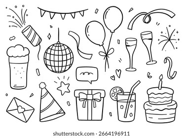Doodle del partido fijado en el fondo blanco. Ilustración vectorial