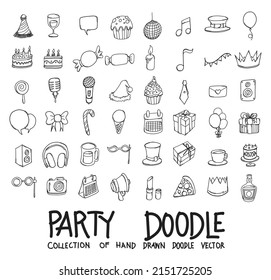 Party Doodle vector icon set. Drawing sketch illustration hand drawn line.