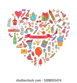 Party doodles holiday symbols vector set heart shape