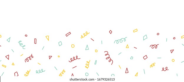 Party doodles seamless vector border. Abstract hand drawn childish shapes repeating pattern. Twirls, confetti, for card decoration, kids birthday, footer