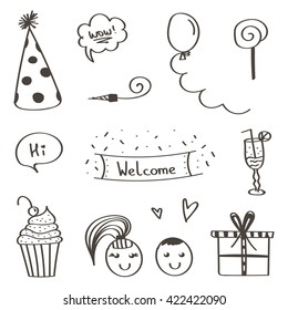 Party doodles set, collection isolated on white background.