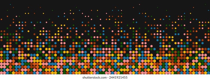 Party doodles vector border. Cute background with colorful confetti. Festive banner design with colorful circles on black backdrop