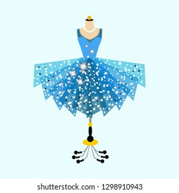 Party dress with fancy decor. Blue dress on mannequin. Vector of ball gown on manequin. Fashion ilustration.