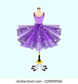 Party dress with fancy decor. Purple dress on mannequin. Fashion ilustration.