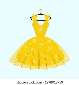 Party dress with fancy decor. Yellow dress on hanger. Fashion ilustration.