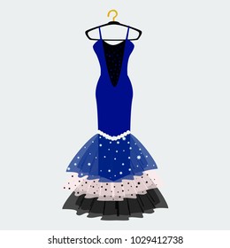 Party dress. Long dress on hanger. Illustration on White Background. Balll gown on Hanger.