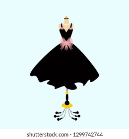 Party dress on mannequin. Black dress. Vector of ball gown. Fashion illustration.