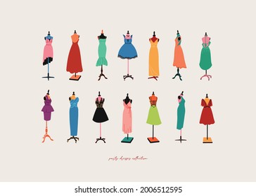 Party dresses collection. Vector illustration of clothes, costume for ceremony, date, celebration, party, new year, birthday. Dress and clothing store, shop, boutique for women, lady, girl.