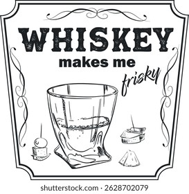 Party drink, bar poster, whiskey with ice and lemon. Design for print in sketch style, strong alcohol, drink, rest, glass of scotch