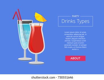 Party drink types web advertising poster with icons of alcoholic drinks in festive decorated glasses. Vector illustration with beverages on blue background