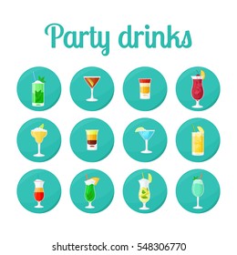 Party drinks in circle icons. Vector set for app, game design