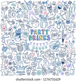 Party drinks doodle set. Cocktails and other festive beverages. Hand drawn vector illustration isolated on white background. 