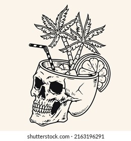 Party drinks sketch monochrome vintage club cocktail with ice and orange slice in skull for Halloween celebration vector illustration