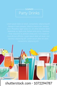 Party drinks various cocktails set of beverages with orange juice, blue lagoon, bloody mary, vodka cola, red and white wine and champagne vector poster