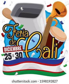 Party during Feria de Cali (written in Spanish) with calendars and musical elements of this celebration: maraca instrument, cowbell, trumpet, conga, Cali city flag, all this under confetti shower.