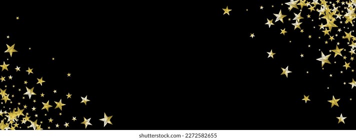 Party Dust Vector Black Panoramic Background. Golden Abstract Universe Template. Space Vector Black Panoramic Background Pattern. Luminous Twinkle Star Texture.