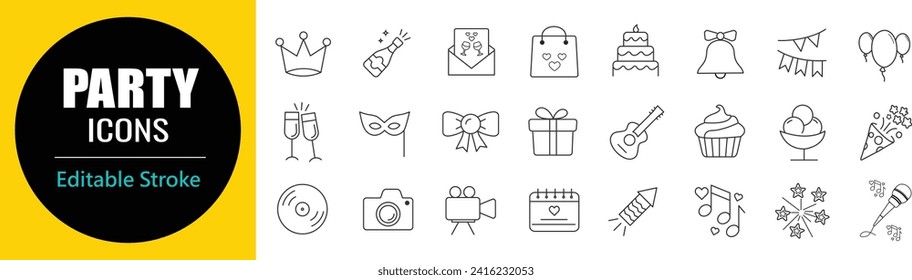 Party,  Editable Stroke icons set. Confetti, Karaoke, Guitar, Dj, Gift, Balloon, Firework, Masquerade, invitation and more. Vector illustration