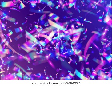 Efecto de fiesta. Caída del Anuncio. Explosión de holograma. Celebrar antecedentes. Gradiente de deslumbramiento. Explosión de Navidades retro. Brillo de papel púrpura. Diseño de Unicornio. Efecto de fiesta azul