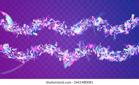 Party Effect. Laser Template. Unicorn Tinsel. Purple Light Ribbon. 3d Confetti. Foil Christmas Illustration. Birthday Burst. Abstract Banner. Blue Party Effect