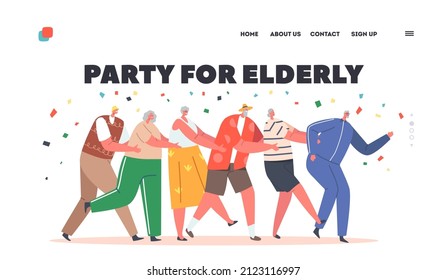 Partei für ältere Landing Page Template. Alte Leute tanzen Conga stehen in Einklang mit Confetti Falling. Aktive Männer und Frauen Großvater und Großmütter kennzeichnen Freizeit. Cartoon-Vektorgrafik