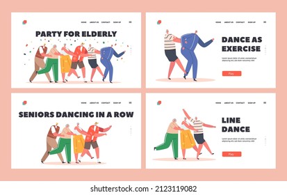 Party for Elderly Landing Page Template Set. Old People Dance Conga Stand in Line with Confetti Fall. Active Men and Women Grandfather and Grandmothers Characters Leisure. Cartoon Vector Illustration