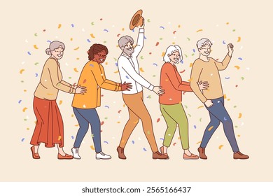 Party of elderly people dancing and standing in row, enjoying retirement and not having to work. Cheerful elderly man and woman together making energetic movements to music at party