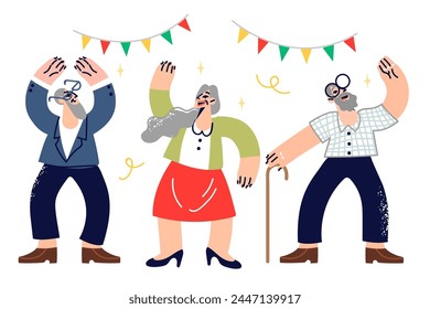 Party of elderly people rejoicing in meeting and celebrating friend anniversary, for concept of happiness from retirement. Disco with satiated men and women former colleagues, after retirement