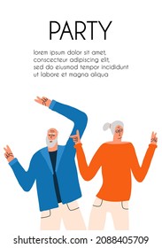 Party for the elderly. Two elderly people are dancing. Holiday flyer template. Vector hand drawing illustration