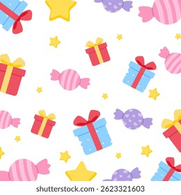 Party element seamless pattern. Candy, gift and star illustration. Can be used for wallpaper, paper wrapping and fashion fabric