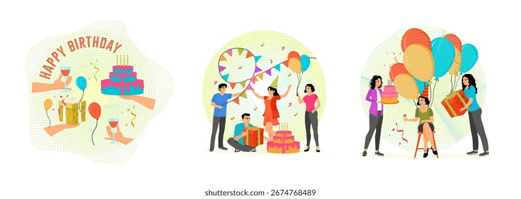 Party elements around a cheerful "Happy Birthday" header. Cheerful gathering of friends celebrating a birthday. Celebration with holding cake, colorful balloons, and presents. Birthday concept.