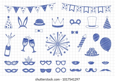 Party elements - collection of funny hand drawn icons. Carnival, photo booth and birthday. Vector.