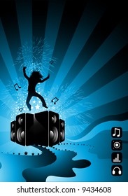 Party elements including fireworks and speakers.