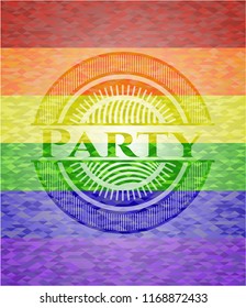 Party emblem on mosaic background with the colors of the LGBT flag
