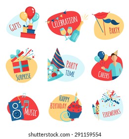 Party emblems set with gifts celebration and music symbols isolated vector illustration